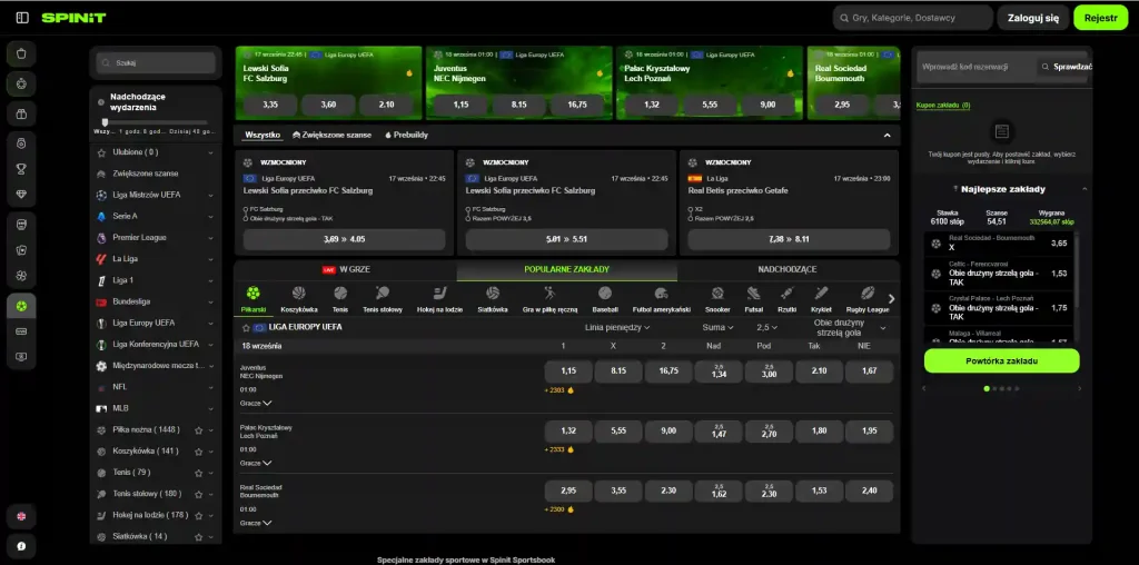 Aktualny interfejs sportsbook Spinit z kategoriami sportów i zakładami na żywo