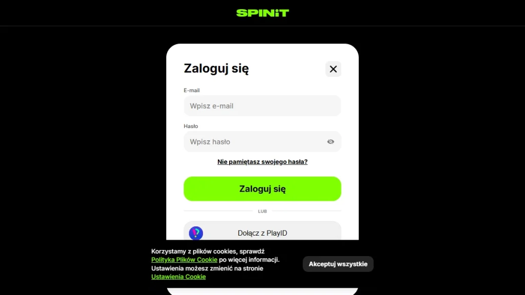 Aktualny polski ekran logowania i rejestracji Spinit