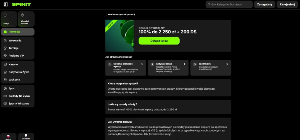 Karta aktualnego bonusu powitalnego Spinit dla graczy korzystających z PLN