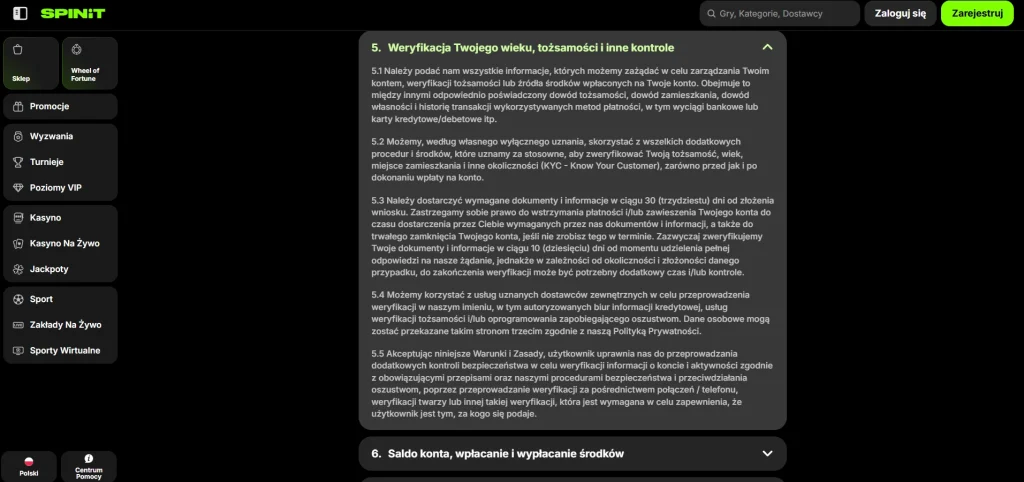 Oficjalne warunki Spinit opisujące weryfikację KYC i możliwe dokumenty