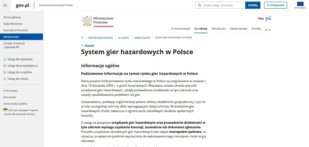 Strona Ministerstwa Finansów wyjaśniająca zasady legalnego hazardu internetowego w Polsce