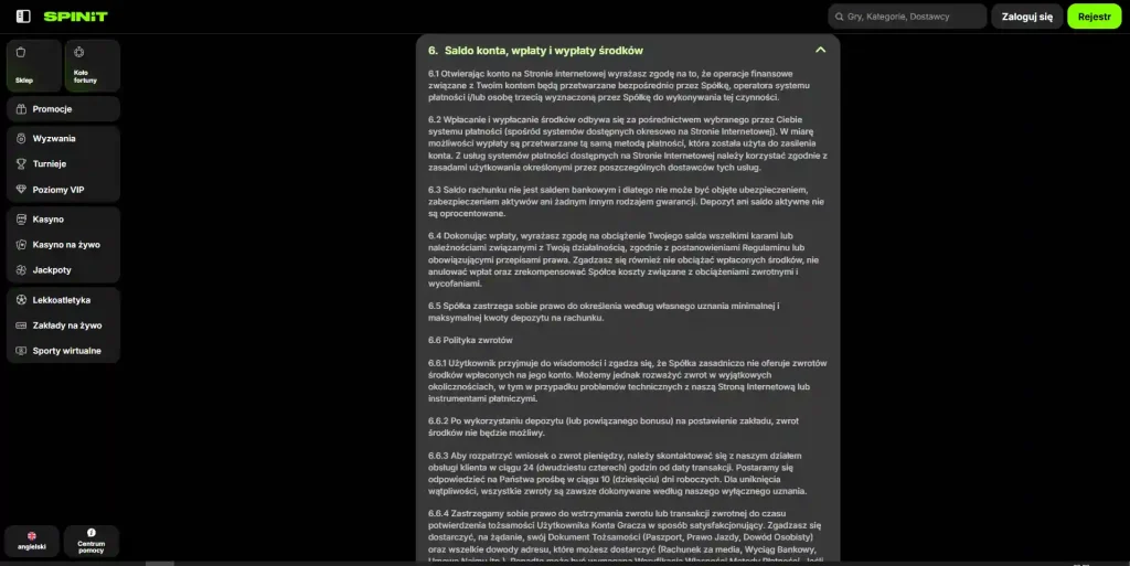 Tabela limitów wypłat Spinit dla salda w PLN